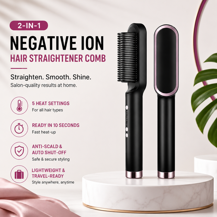 2 in 1 Hair Straightener and Styling Comb with Negative Ion Technology